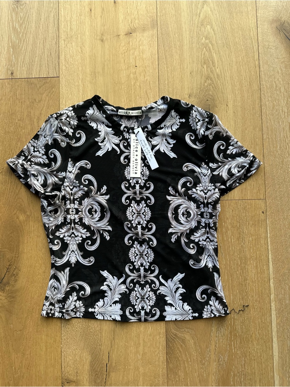 Alice + Olivia Black and White Baroque Short Sleeve Tee